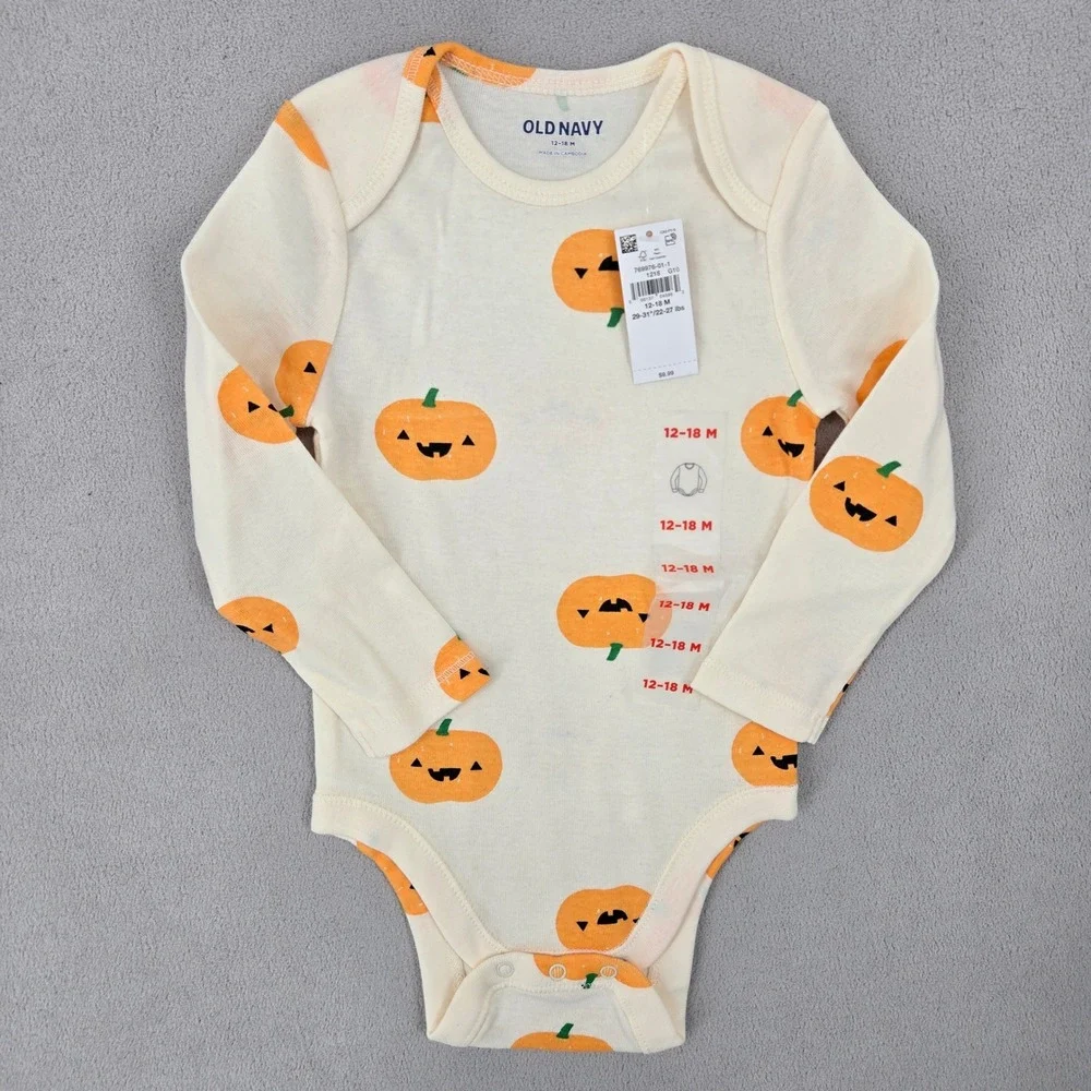 Old Navy NWT 12-18M Pumpkin Bodysuit Set Baby Fall Halloween Graphic 2PK